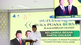 Presiden dan Wakil Presiden terpilih Prabowo Subianto dan Gibran Rakabuming Raka menghadiri Nuzulul Qur’an dan Buka Puasa bersama Partai Golkar di DPP Golkar. (Dok. Tim Media Prabowo)